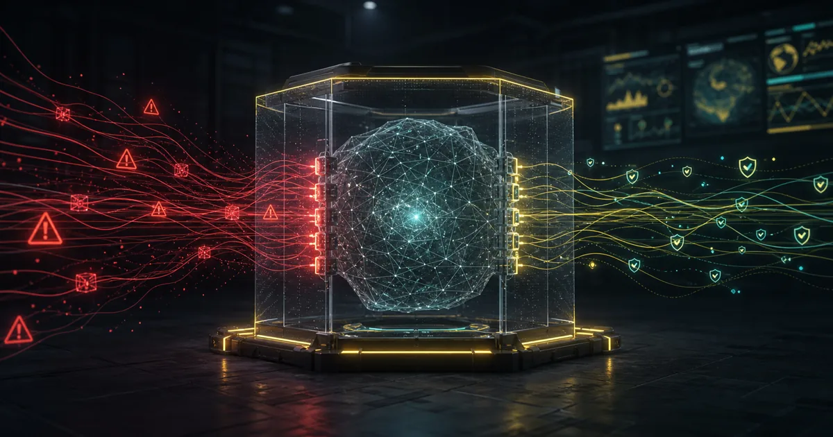 Abstract frontier AI model inside a containment boundary with prompt injection paths and defensive monitoring signals.